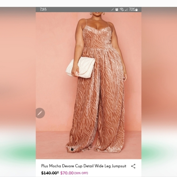 ⚘️PRETTYLITTLETHING 20 Plus Mocha Devore Cup Detail Wide Leg Jumpsuit